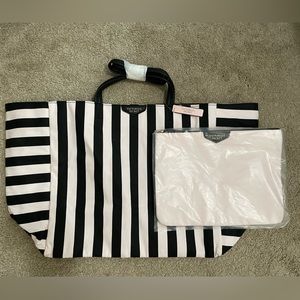 Victoria's Secret Black & Pink Striped Large Tote Bag With BONUS Cosmetic Bag